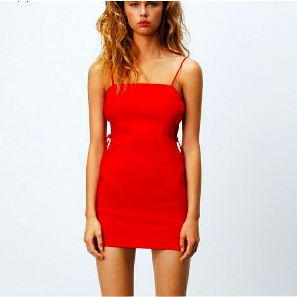 ZARA TIED RED SQUARE LINE LINEN FABRIC NEW DRESS - Picture 1 of 7